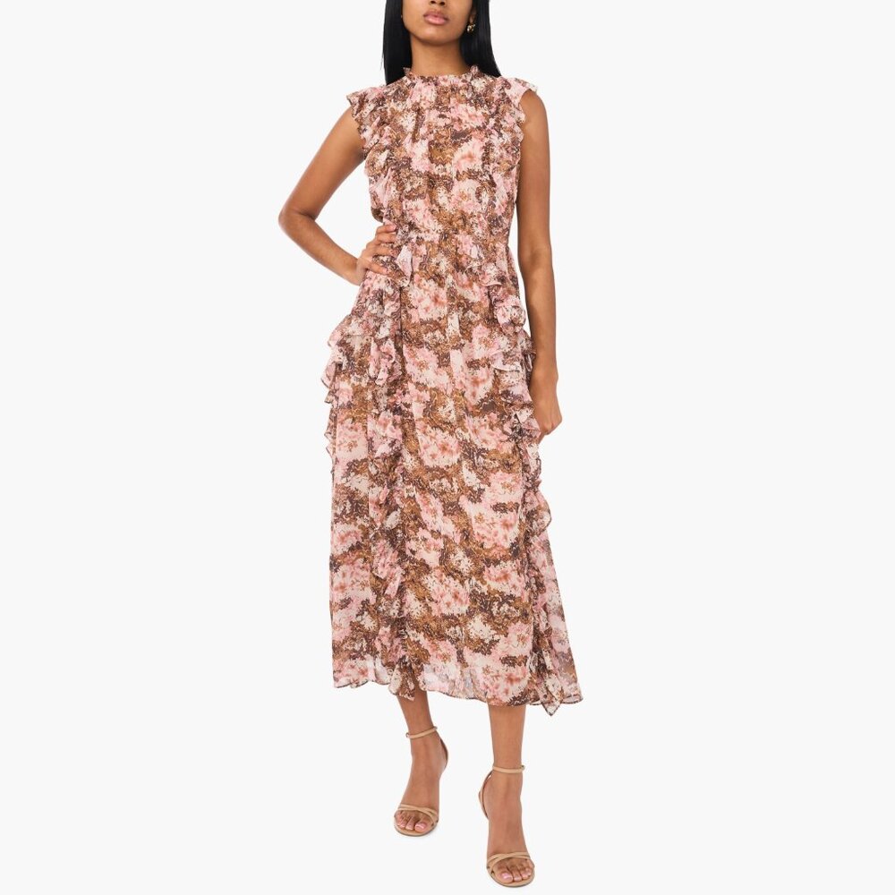 PARKER Brooke Floral Ruffle Midi Dress, Camel Cognac, Size 10, NWT